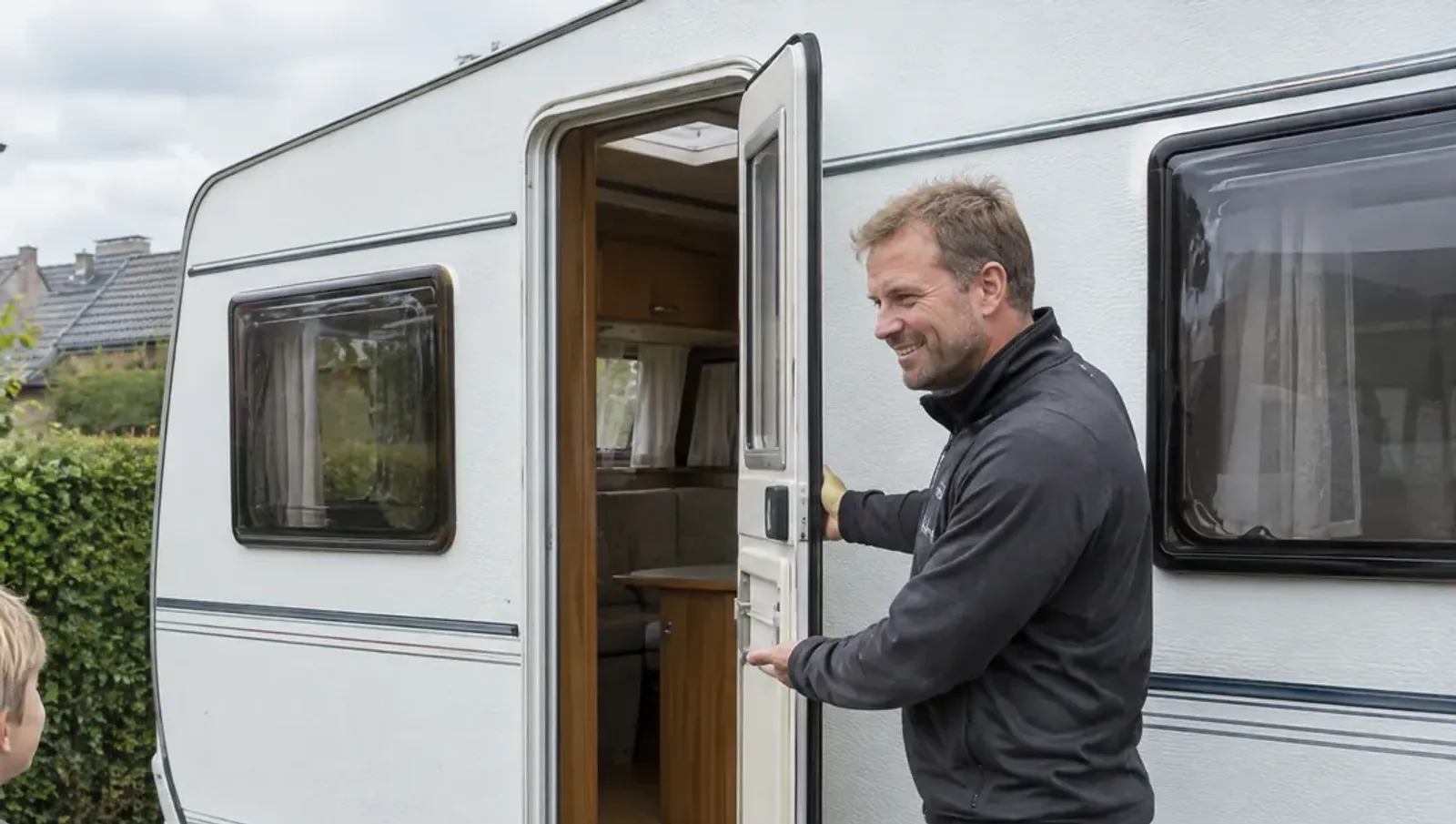 Sælger åbner døren til en brugt campingvogn i en indkørsel