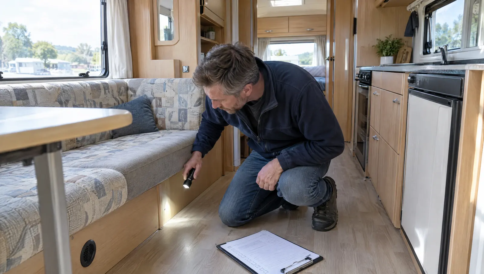 Køber tjekker gulv og sæder i en brugt campingvogn med lommelygte