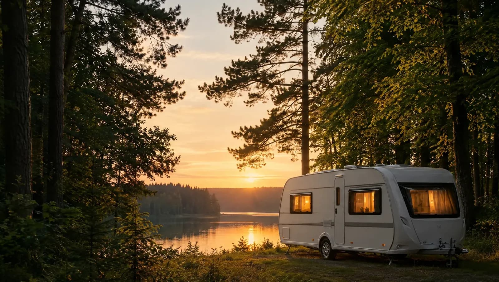 Campingvogn parkeret mellem træer ved en sø i skumringen
