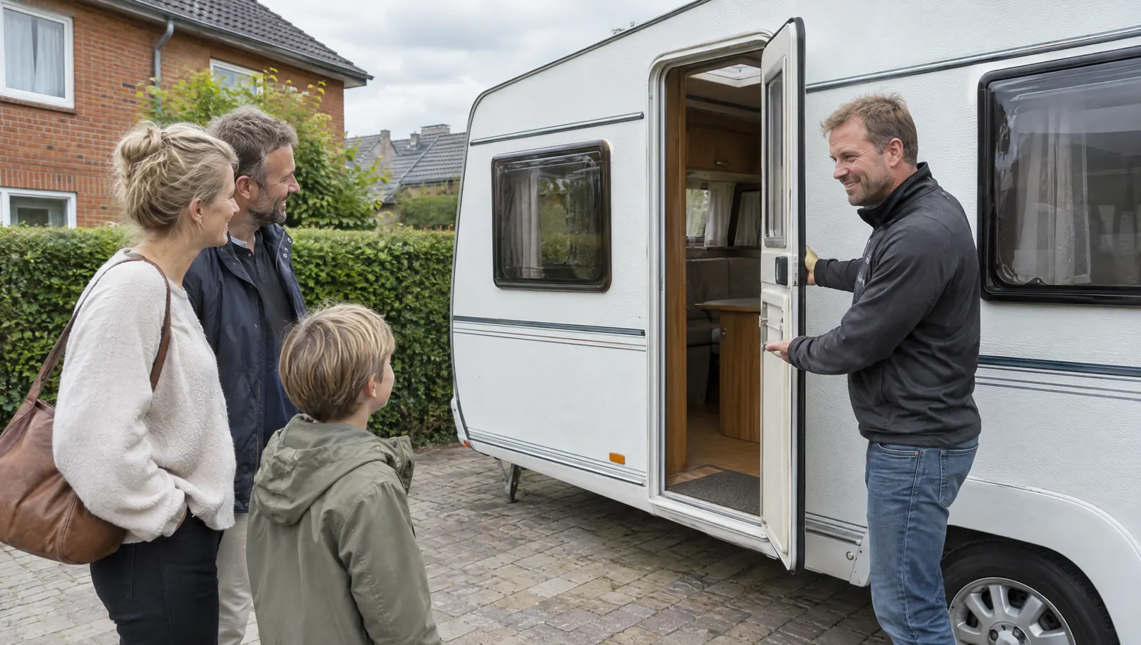 En familie ser på en brugt campingvogn i en indkørsel, mens sælger åbner døren