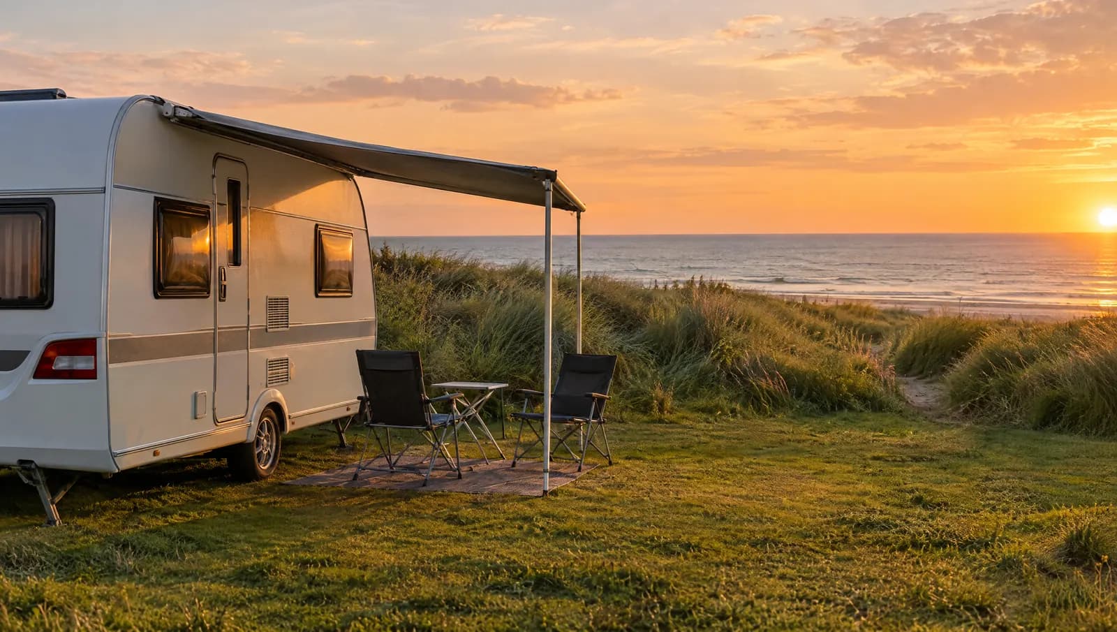 Campingvogn med fortelt ved Vesterhavet i solnedgang